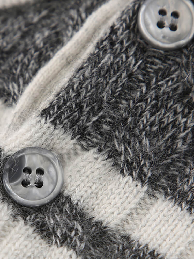 Cable Knit Cashmere Button Collar Sweater with Contrast Sleeves